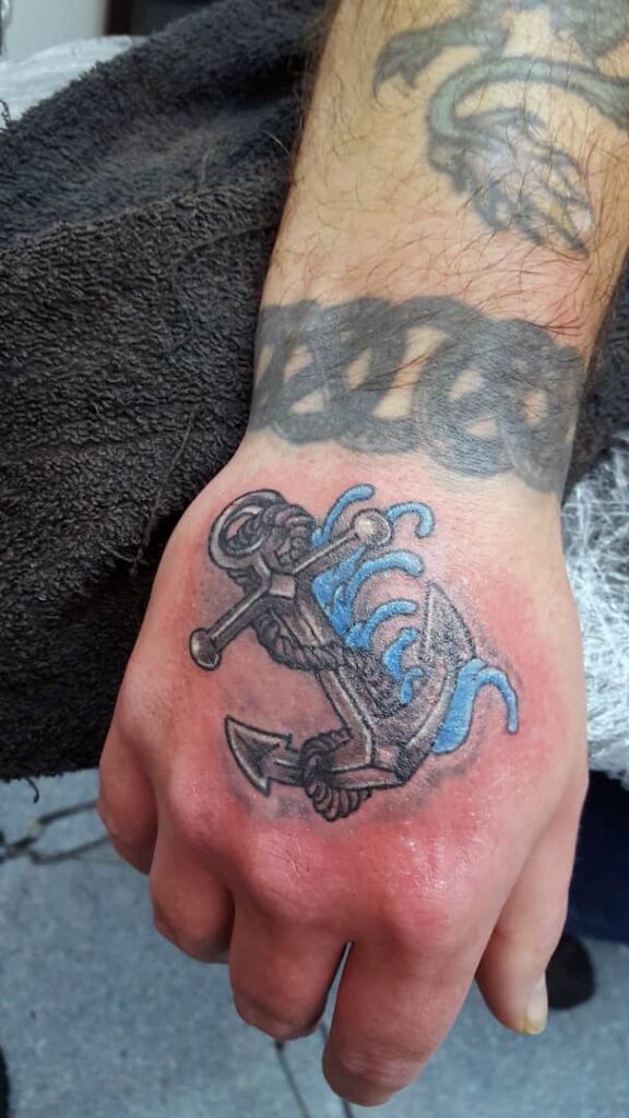 Anchor hand tattoo. John at Rogsy Tattoo Studio.