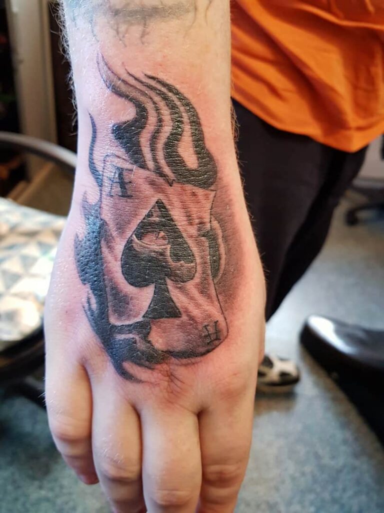Ace of spades with flames tattoo. John at Rogsy Tattoo Studio.