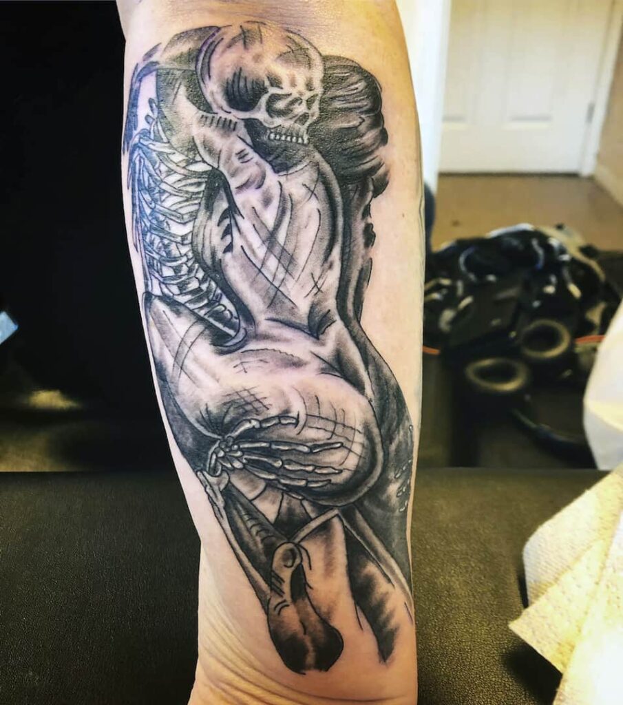 Skeleton and woman tattoo. John at Rogsy Tattoo Studio.
